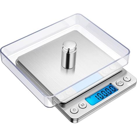 Acier Inoxydable&Argent Balance de Précision, 500g/0.01g, Balance de Cuisine, Balance de Précision Cuisine avec Fonction Tare et Compte, Écran LCD Rétroéclairé, 100g de Poids D'étalonnage (1/5)