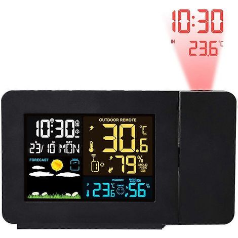 Thermomètre et hygromètre LED intérieur et extérieur - Réveil projecteur avec prévisions météo et rétroéclairage (prise britannique) (1/5)