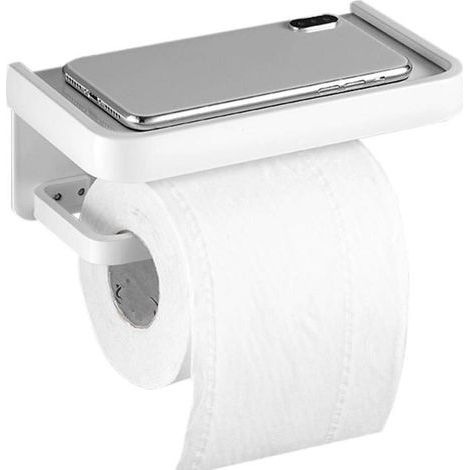 Portarrollos de papel higiénico con estante, soporte de pared, no requiere perforación, adhesivo, aluminio, para cocina y baño - Blanco (1/5)