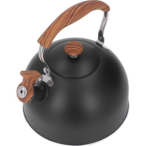 Bouilloire sifflante 2,5L, acier inoxydable noir, poignée et couvercle imitation bois, compatible induction et gaz (1/5)