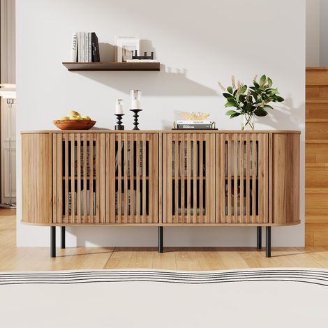 Aparador de MDF de 160 x 40 x 70 cm con 4 puertas correderas perforadas, cajonera con estantes ajustables y robustas patas metálicas, mueble de almacenamiento para salón, recibidor o comedor. (1/5)
