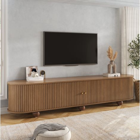 Mobile TV basso in MDF effetto noce con ante scorrevoli a rilievo verticale e piedini sferici (1/5)