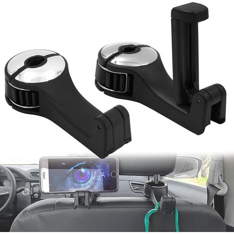 AIDUCHO Crochet pour Appuie-Tête 2 pièces, 2 - en - 1 Support d'Appuie - Tête Crochet de Voiture avec Support de Téléphone Portable,Poche de Siège d'Auto Organisateur Portable Cintre Crochet (1/5)