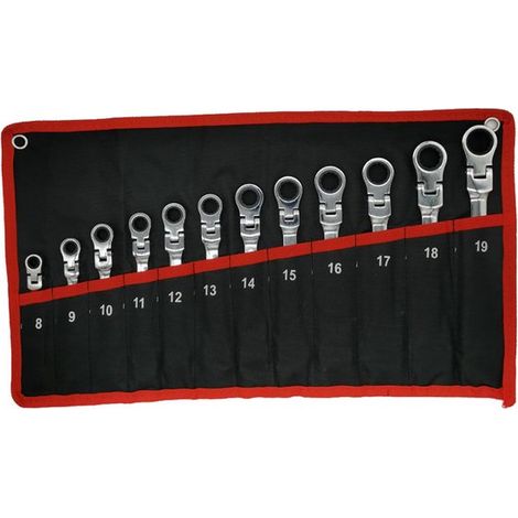 Jeu de clés à cliquet métriques 12 pièces avec bague flexible, embout ouvert, embout à œil et tête flexible, kit d'outils à main pour le bricolage, enroulable dans un sac. 8-19 mm (1/5)