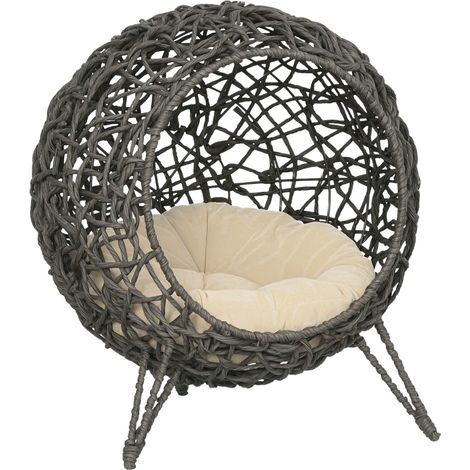Maison en rattan pour chat avec coussin gris argent Ø52 x 58 cm et pieds surélevés, espace de sommeil confortable (1/5)