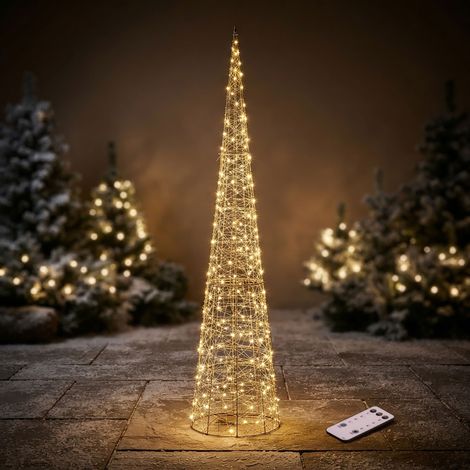LED Weihnachtspyramide gold für Außen und Innen mit Timer und Fernbedienung - 210 cm - Metall Leuchtkegel 2400 LEDs warm weiß dimmbar mit Stecker für Außen und Innen