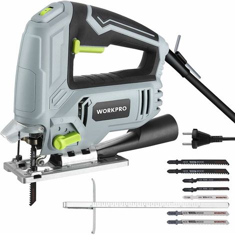 – Scie sauteuse électrique 600W – 6 vitesses variables – Changement de lame sans outil – Coupe en biseau 45° – 4 réglages orbitaux – 7 lames en T (1/5)