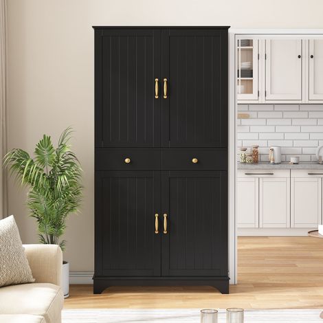 Buffet de cuisine 106x39x176,5 cm avec vitrines 2 tiroirs portes barre à crochets grand rangement style moderne polyvalent chic