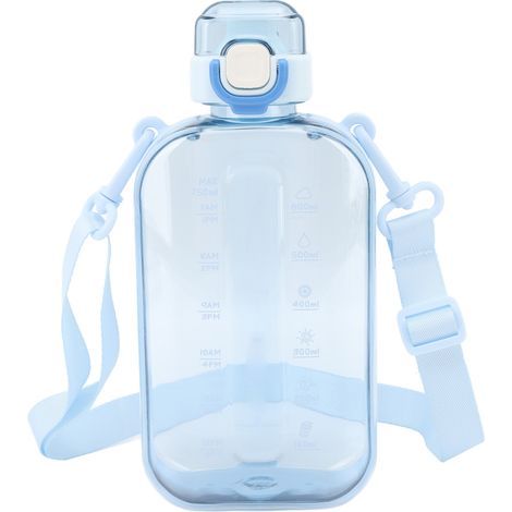 Tragbare Sport-Trinkflasche mit großem Fassungsvermögen (750 ml / 25 oz) mit Zeitanzeige und blauem Schultergurt. (1/5)