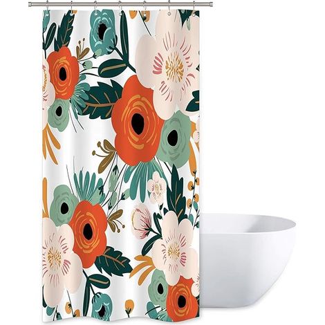 Rideau de douche en tissu à motif floral printanier pour salle de bain, 152 x 183 cm, rouge, vert, orange, feuilles, accessoires de baignoire, ensemble décoratif botanique et herbacé, polyester imperm (1/5)