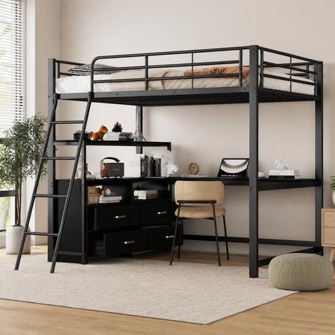 DESMIU Lit mezzanine 2 places avec bureau d'angle, tiroirs et rangement 140 × 200 cm, sans matelas, noir (1/5)