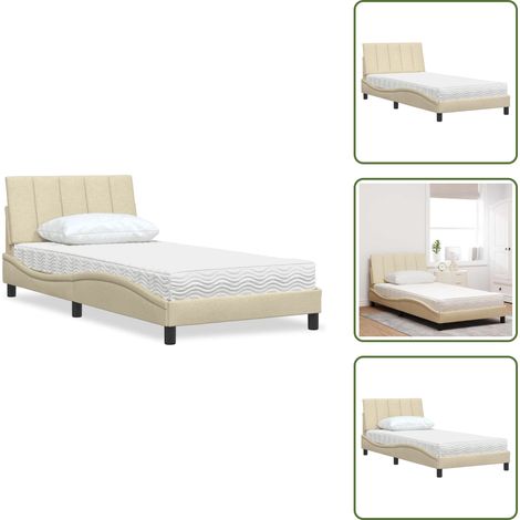 Letto con cuscino testiera - vidaXL Letto con Materasso Hanko Crema 100x200 cm in Tessuto - Materasso in schiuma PU