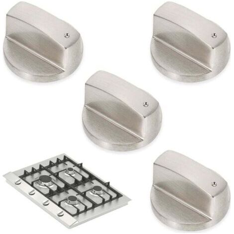Quatre boutons universels en métal brossé argenté de 6 mm pour plaques de cuisson à gaz, fours et cuisinières.