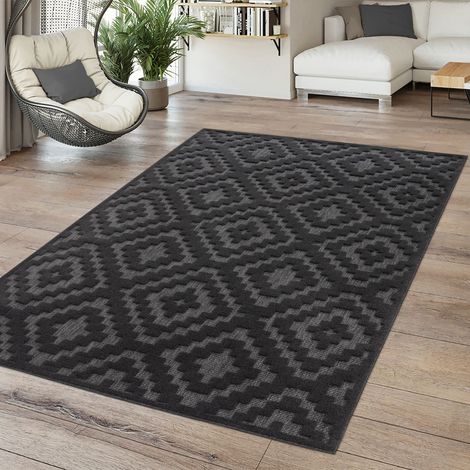 In-& Outdoor Teppich Esszimmer Wetterfest Balkon Skandi Ethno Design Geometrisch 80 cm x 150 cm x 14 mm Anthrazit Rechteckig (1/5)
