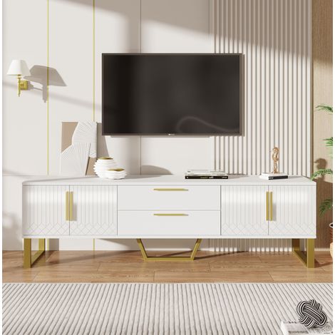 Meuble TV MDF blanc brillant et doré 170,0x40,0x53,5 cm, 4 portes, 2 tiroirs, rangement avec passe-câbles (1/5)