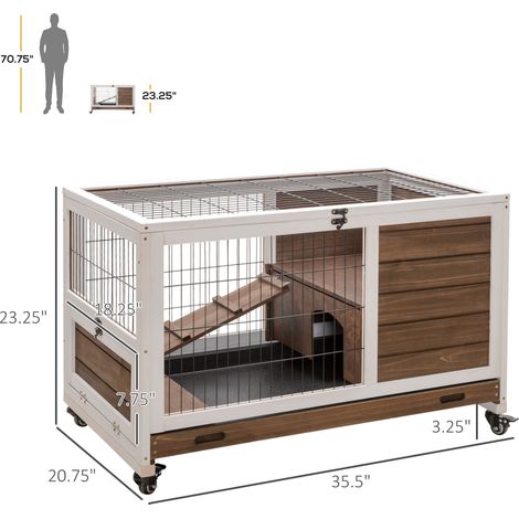 Clapier d'intérieur en bois marron avec enclos fermé et roues. Cage surélevée idéale pour les lapins et les cochons d'Inde. (1/5)