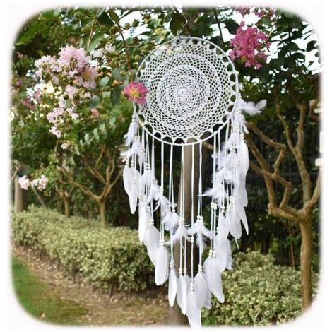 Grand Boho Capteur de rêves Plume Blanche Macramé Tenture Murale Vintage Wedding Home Décorations 35cm Cercle 115cm Long (1/4)