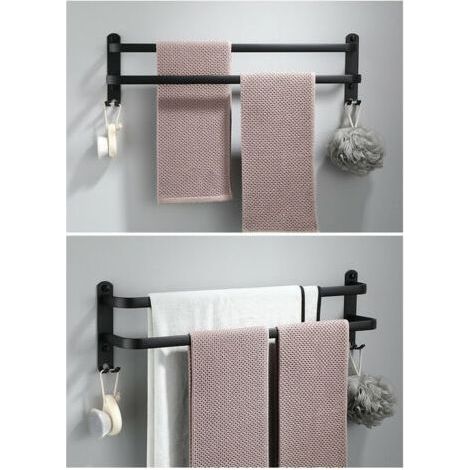 Wandmontierter Handtuchhalter aus Aluminium – 2 Etagen – mit Haken – 40 cm – wasserdicht – schwarz – für Badezimmer, Küche, Waschraum (1/5)
