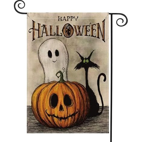 MINKUROW Bandiera Happy Halloween Yard, Verticale, Doppia Dimensione, Fantasma Spettrale, Zucca Jack O'lantern, Gatto Nero, Iuta, Decorazione Da Giardino, 30 X 45 Cm (1/5)