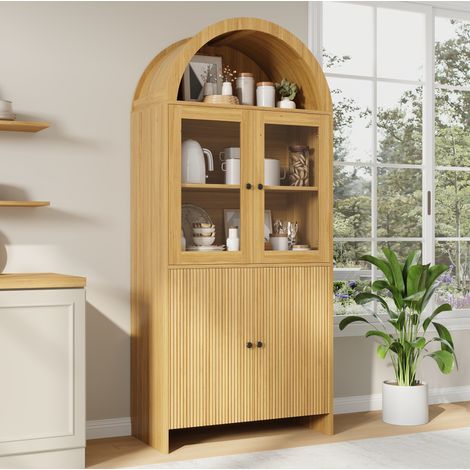 Vetrina alta 78x40x176 cm in truciolare naturale, con contenitore integrato per soggiorno - MEUBLIV (1/5)