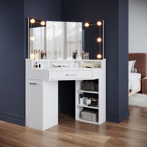 ELEGANT Modern Corner Dressing Table with Mirror, 3 Open Compartments and 2 Drawers, Silver Metal Armrests, White Single Table + LED Mirror Lights