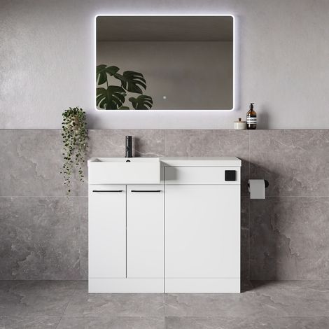 Napoli 250 Gloss White 1000mm 2 Door Vanity Unit Toilet Suite with Left Hand Square Rico Semi Recessed Basin - 1000mm - Matt Black 160mm HandleWithout Kingston Toilet Pan