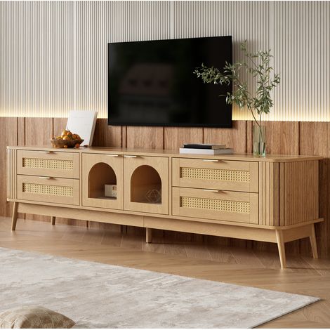 Mobile TV 180x40x50 cm, 4 cassetti e 2 ante, LED da app, vetro curvo, pannello truciolare naturale (1/5)