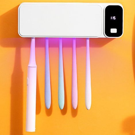 Nettoyeur de brosses à dents à 5 emplacements, support mural rechargeable pour la salle de bain et toute la famille, nettoyage automatique sans perçage avec minuterie intelligente, idée cadeau d'anniv (1/5)