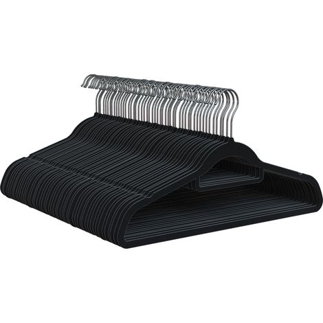Cintres en Velours, Lot de 50, Noir - Antidérapants avec Crochet Pivotant 360º, Encoches et Porte-Accessoires, Gain de Place 0,6 cm Épaisseur, Fabriqué en Espagne (1/5)