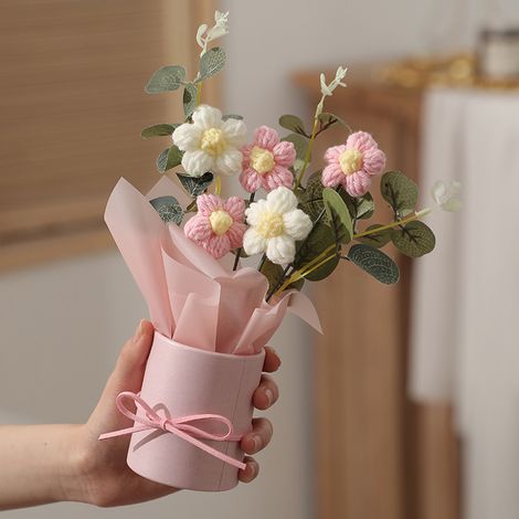 1 bouquet de fleurs artificielles en fil tricoté fait main, 5 fleurs au crochet, fleurs en tissu tricotées pour cadeau, décoration intérieure, Saint-Valentin, rose. (1/5)