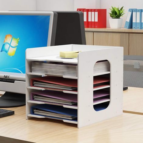 5 Tier Stocakge PVC File Organizer A4 Vertical Documents White Storage Compartment Office Filing Trays Home and School