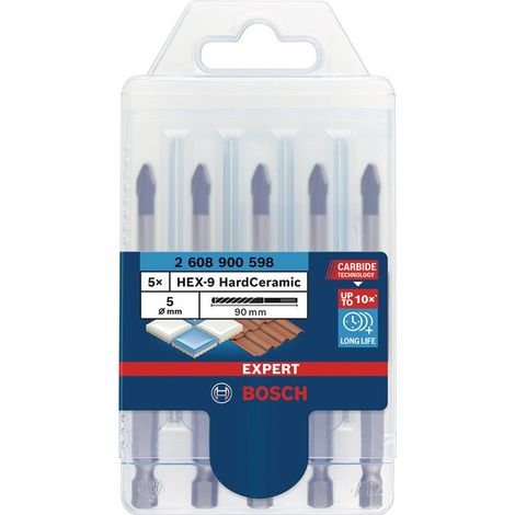 Bosch Professional 5x Set di Punte Expert HEX-9 HardCeramic per Tegole, Piastrelle, Ø 6 mm, Accessorio Trapano a Percussione