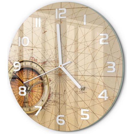 Horloge Murale Ronde Cadeau Original Verre Silencieuse pour Maison Salon Boussole sur la carte fi 30 cm (1/5)
