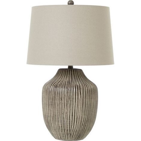 Ochre Carved Textured Table Lamp with Linen Shade - Resin - L43 x W43 x H71 cm - Brown