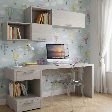 Angolo studio moderno con cassettiera sfalsata per cameretta - Rovere rock