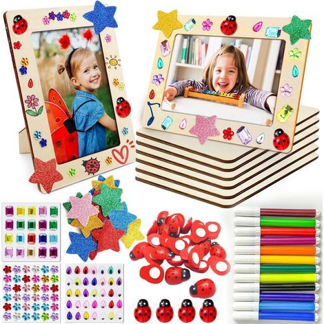 Bilderrahmen Holz zum Bemalen Set, 6 Stück DIY Bastelset Kinder mit Glitzersteinen & Stickern