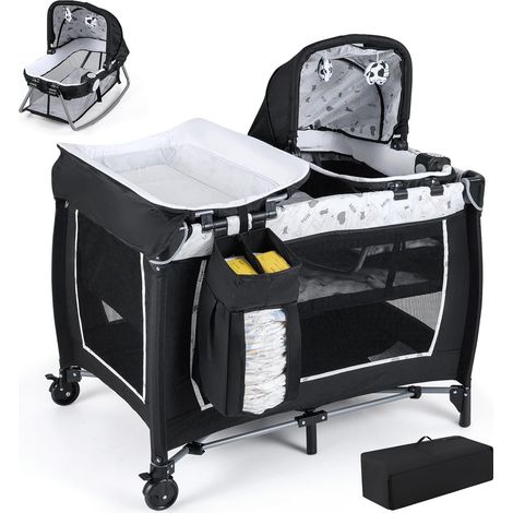 COSTWAY 5 en 1 Lit Parapluie Bébé avec Matelas & Table à Langer, Lit Bébé Evolutif avec Boîte à Musique & Jouets Suspendus, Sac de Transport & Roues Verrouillables, Berceau pour 0-36 Mois (Beige)