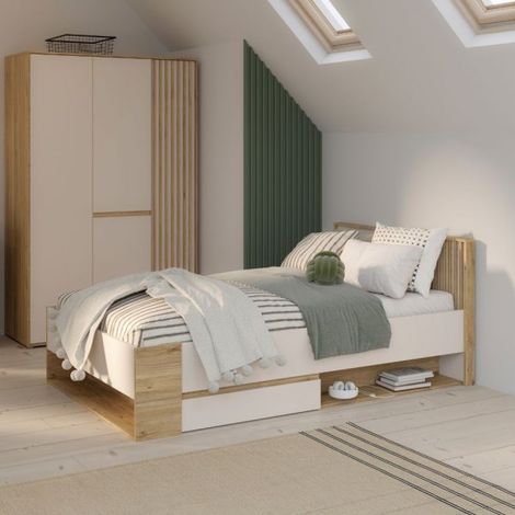 Letto Una Piazza e Mezza Neutra 120x200 con Cassetto e Vani a Giorno Rovere e Cashmere