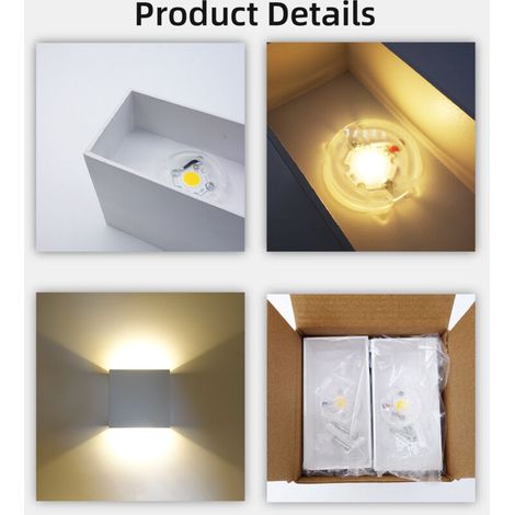 Confezione da 2 applique da interno 6W 10×10×5cm Angolo del fascio regolabile Luce LED decorativa da parete per interni Bianco caldo 3000K Lampada da parete impermeabile IP65 per camera da letto, corr (1/4)