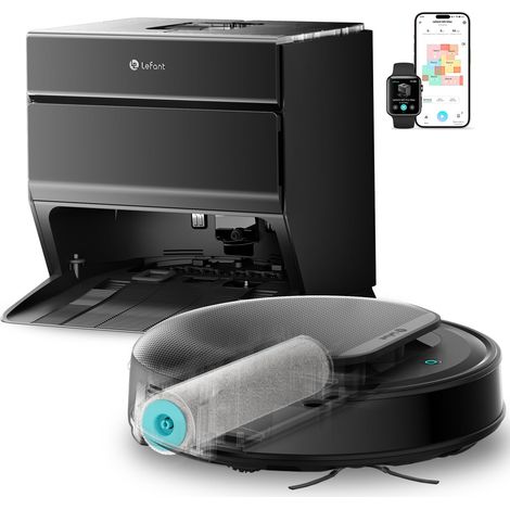 Robot aspirateur M5 Max avec Fonction de Nettoyage, Puissance d'aspiration de 23 000 Pa, Navigation dToF LiDAR, Wi-FI Double Bande 5 GHz/2,4 GHz, Station d'aspiration autonettoyante, Commande (1/2)