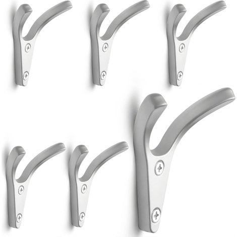 Lot de 6 patères murales, crochets doubles minimalistes en alliage de zinc massif, couleur argent.