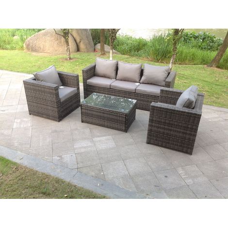 Fimous Lounge Rattan Sofa Set Outdoor Garden Furniture With 2 Chairs And Rectangular Coffee Table