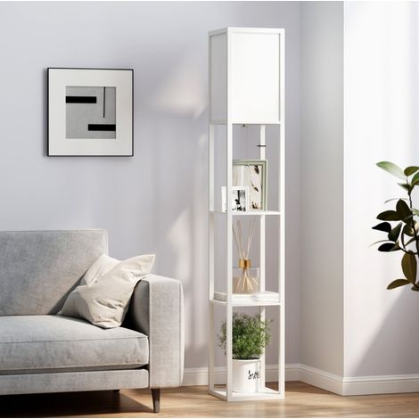 Lampadaire avec étagères en bois blanc 26 x 26 x 160 cm, abat-jour textile, REDOM (1/5)