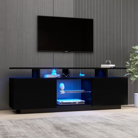 Meuble TV LED 16 couleurs, meuble bas brillant, 140×35×55 cm, pour TV jusqu’à 60 pouces, 1 étagère ouverte, buffet bas moderne salon, Noir (1/5)