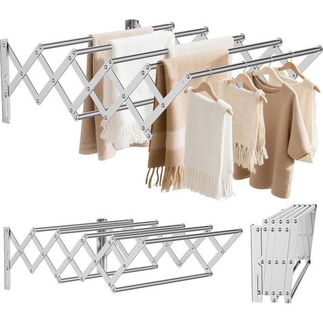 Wall Mounted Folding Clothes Airer, Stainless Steel Wall Mounted Clothes Airer with 7 Rods, Retractable Width: 42-80 cm, Hanging Towel Rail for Laundry Room, Medium (Silver) (1/5)