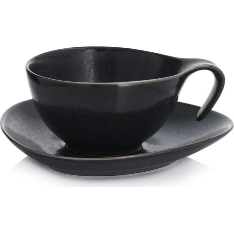Taza y platillo de 350 ml, grafito, porcelana, Time Black duka (1/5)