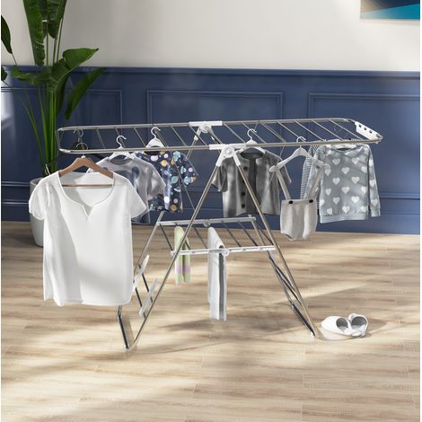 Étendoir à linge 148x60.5x98 cm argent en acier inoxydable pliable avec ailes réglables (1/5)