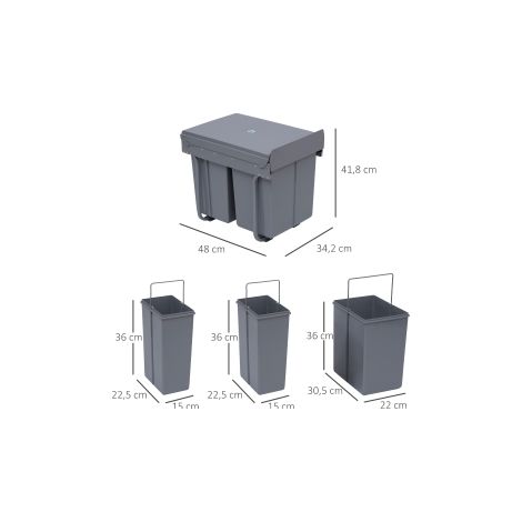 Poubelle encastrable grise 40 L avec coulisses et 3 bacs amovibles, pour cuisine, meuble sous évier et tri domestique (1/5)