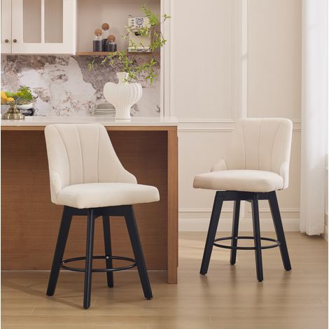 Tabouret de bar en chenille beige avec dossier, pivotant 360°, rembourré avec repose-pieds (1/5)