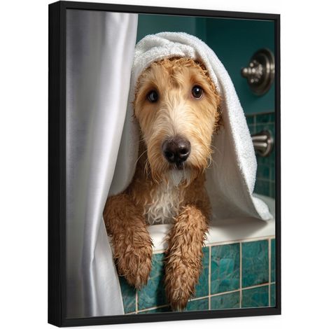 Tableau sur toile avec cadre noir – Chien drôle dans une baignoire – 100 x 70 cm (1/3)